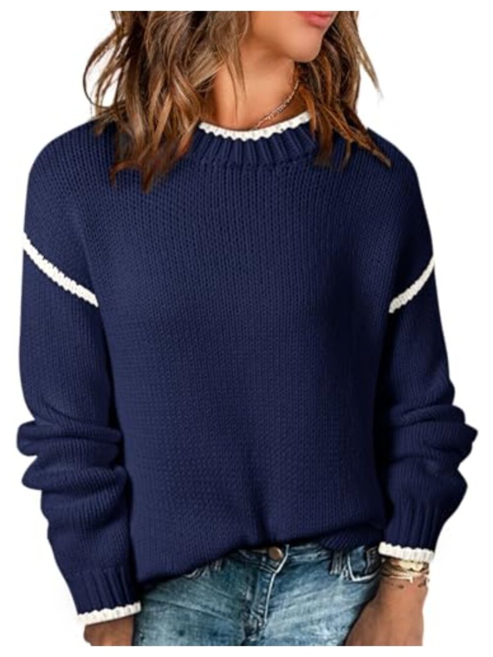 Womens Chunky Cable Knit Crewneck Long Sleeve Pullover Sweater